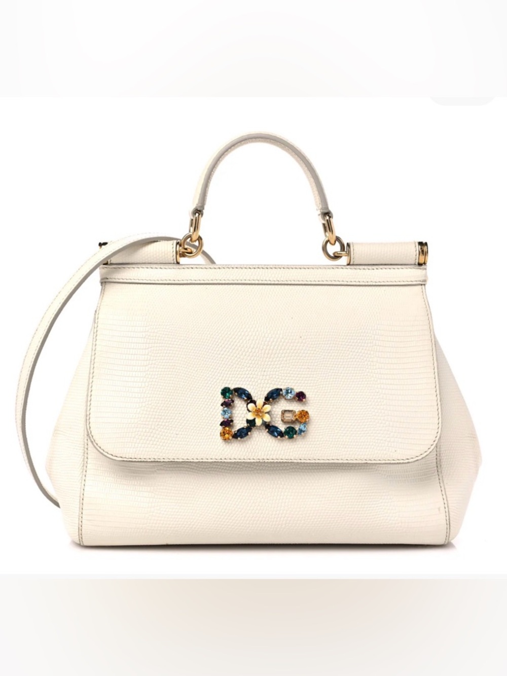 Dolce & Gabbana Sicily White Leather Top-Handle Satchel w/ Multicolor Crystal DG